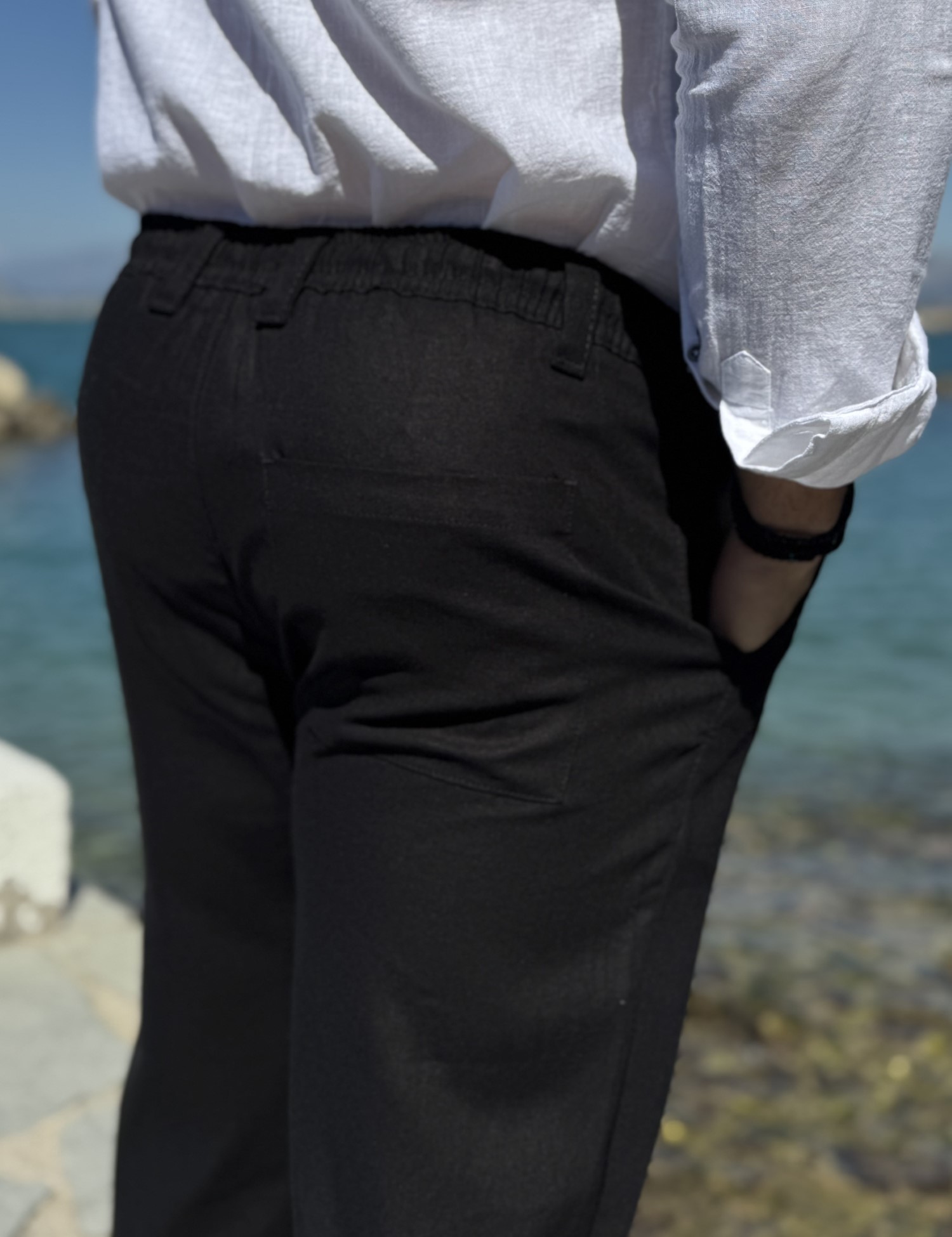 Ανδρικό μαύρο λινό υφασμάτινο παντελόνι με λάστιχο στην μέση JR0022M φωτογραφία